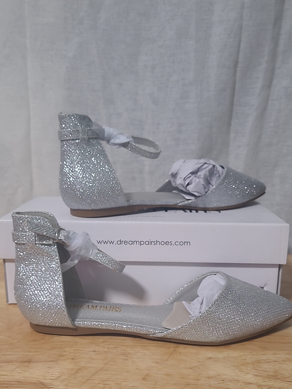 Sparkle Pointed Toe Ankle Strap Flats - Silver